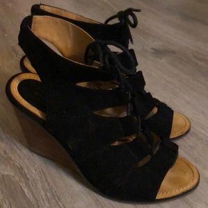 Melrose and Market Black Suede Lace-Up Wedge Sandals